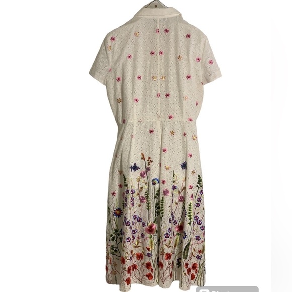 Tahari White Embroidered Floral Button Front Eyelet Pocket Short Sleeve dress - Picture 5 of 11